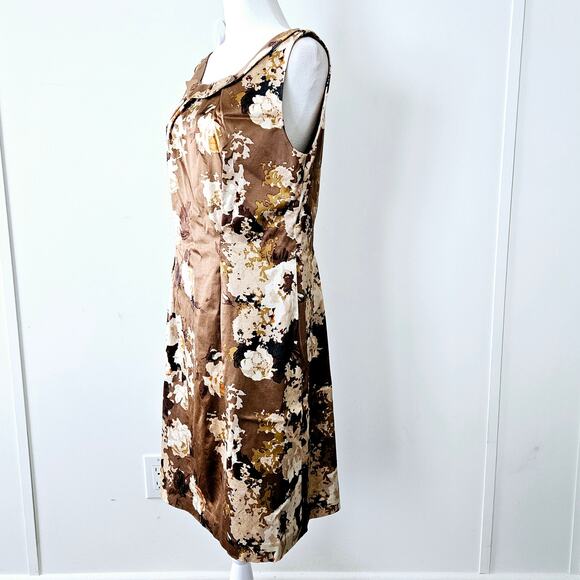 Size 10P Talbots Brown Floral Sleeveless Round Pleated Neck Tank Summer Fall - Picture 15 of 16